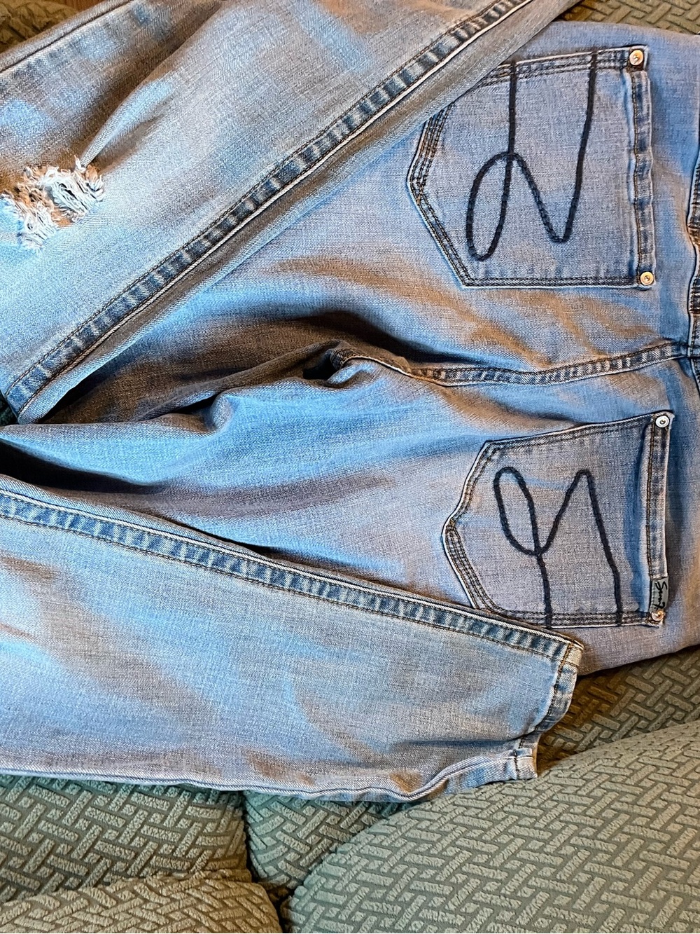 Seven7 Light Blue Distressed Relaxed Jeans with Back Pocket Stitching